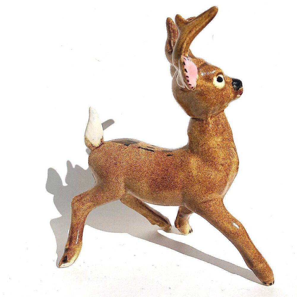 Vintage Bobtail Deer Buck Figurine Brown Ceramic Mid-Century Modern MCM Woodland